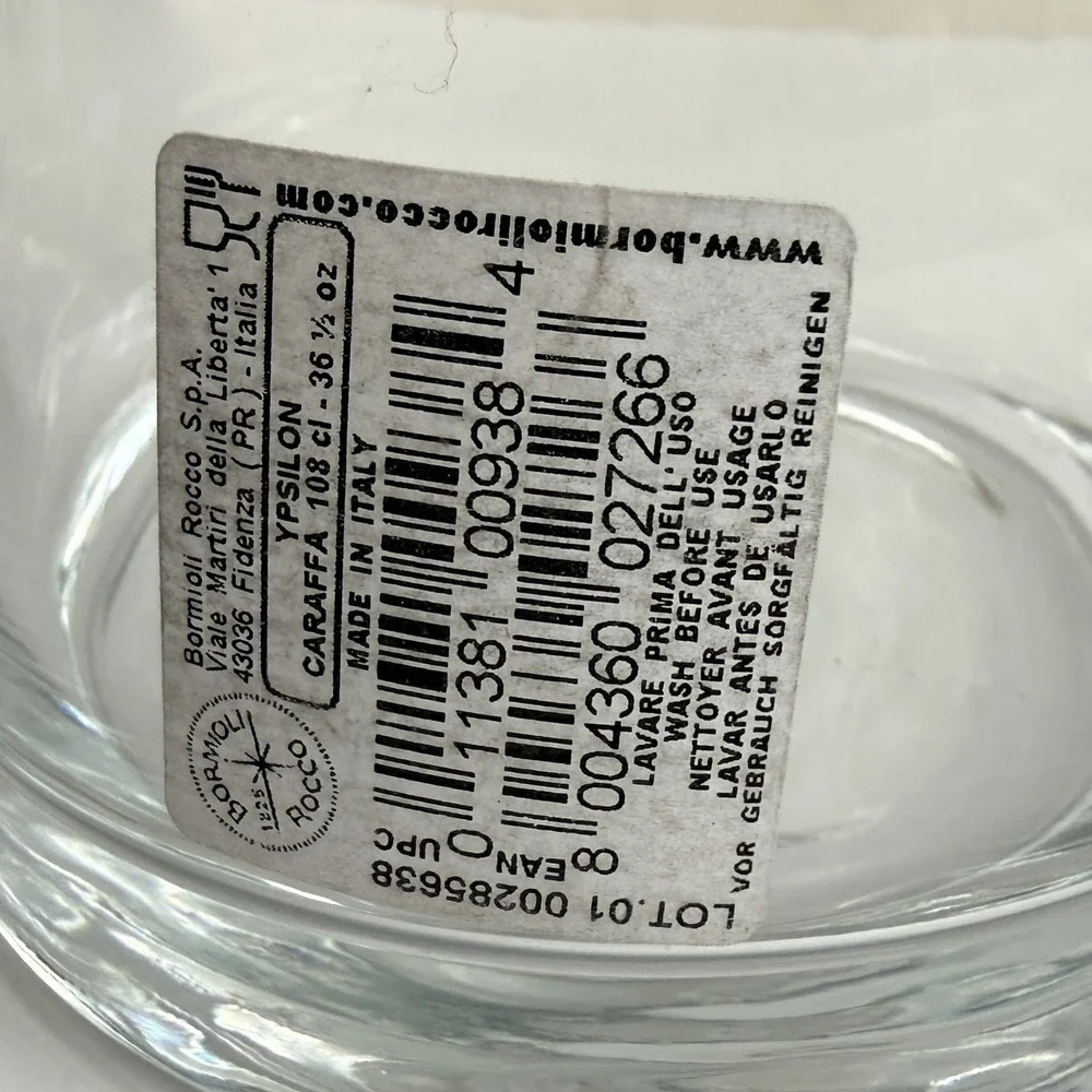 Bormioli Rocco Ypsilon Italian Clear Glass Carafe Decanter 36.5 oz Made in Italy